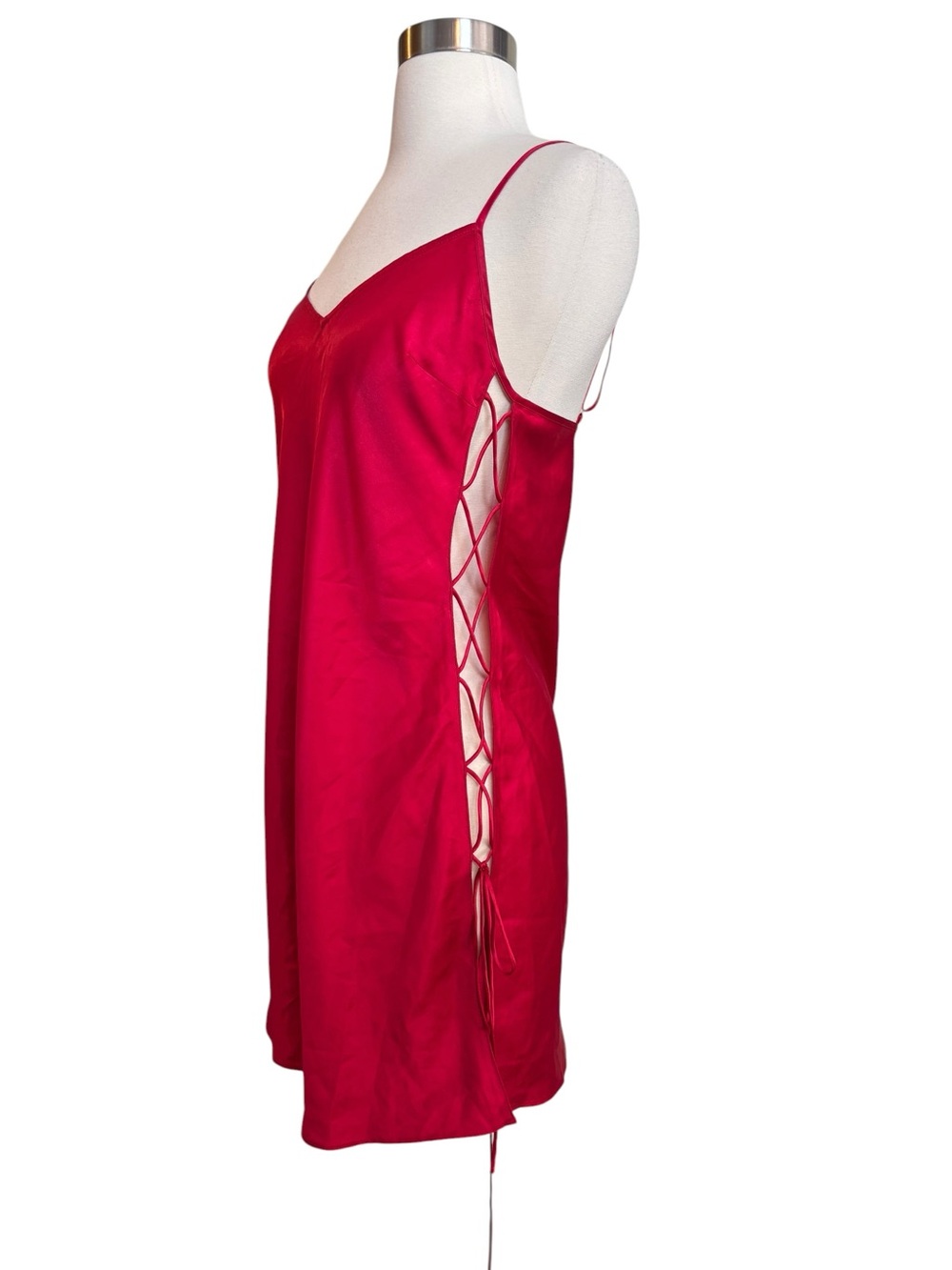 Victoria's Secret Red Silky Satin Slip Dress Open Lace Up Sides Size Small